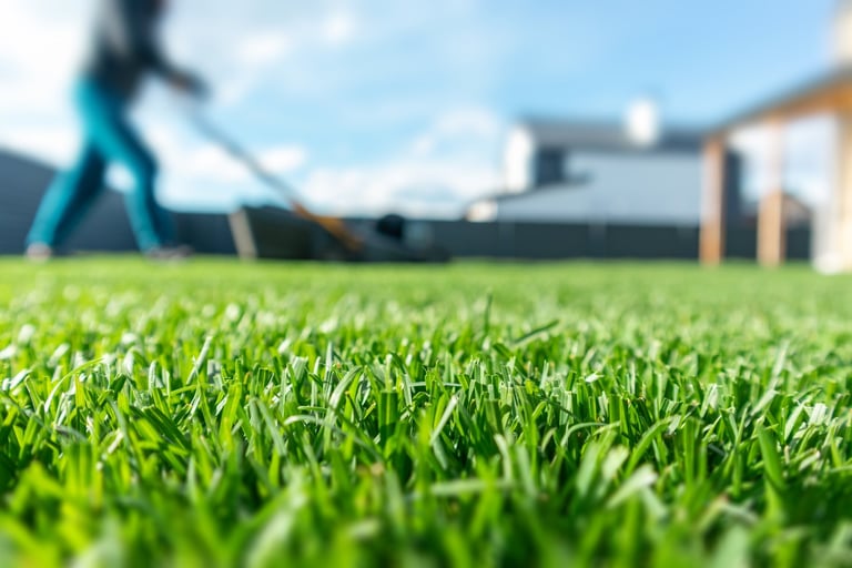Spring season sunny lawn mowing in the garden with soft light