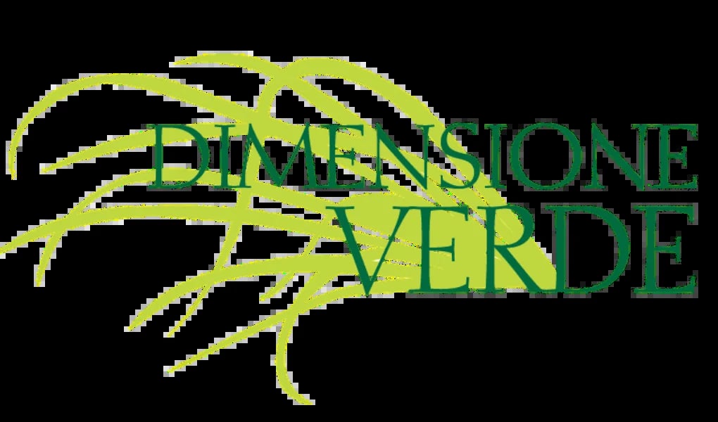 Logo for Dimensione Verde featuring stylized green leaves with overlapping text design